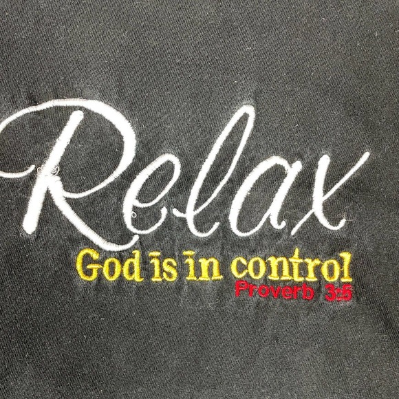 VINTAGE Jesus Tee Shirt Mens Large Black Relax God is in Control Embroidered - Picture 2 of 9